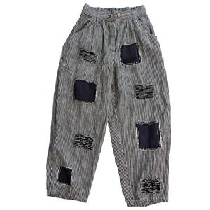 Paper Lace Black White Striped 100% Linen Patchwork Boho Tapered Pants S